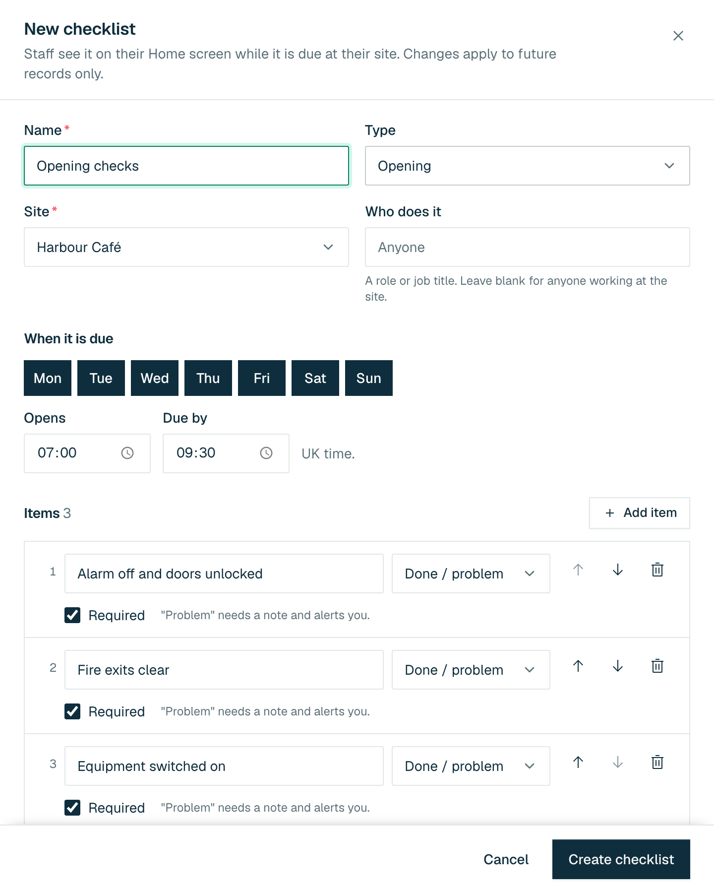 The New checklist dialog with Name, Type, Site, Who does it, the days, Opens and Due by times and a list of items