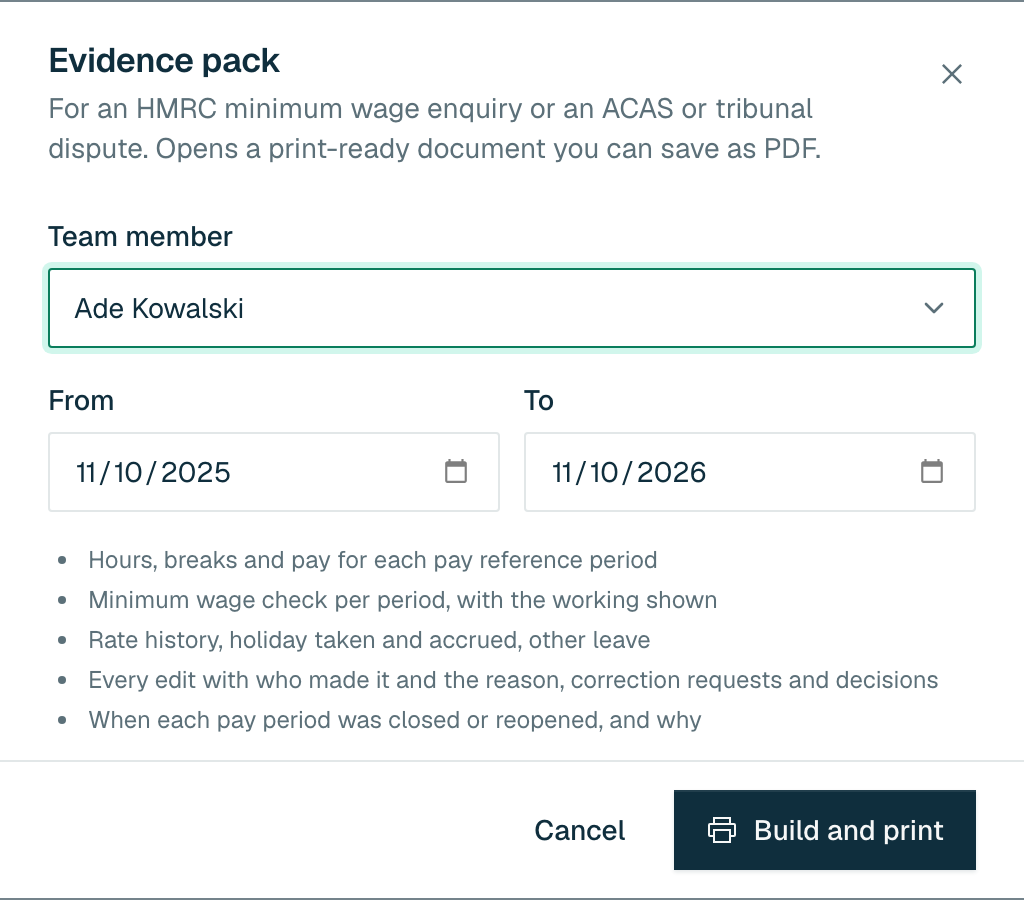 The Evidence pack dialog with Team member, From and To fields, a list of what the pack contains and a Build and print button