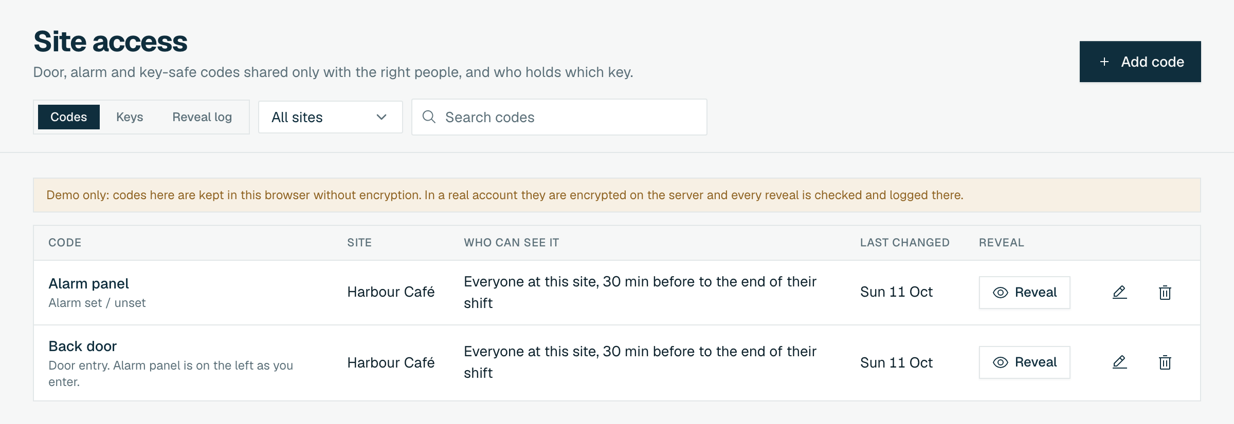 The Site access page on the Codes tab listing an alarm panel code and a back door code with their site, who can see them, when they were last changed and a Reveal button