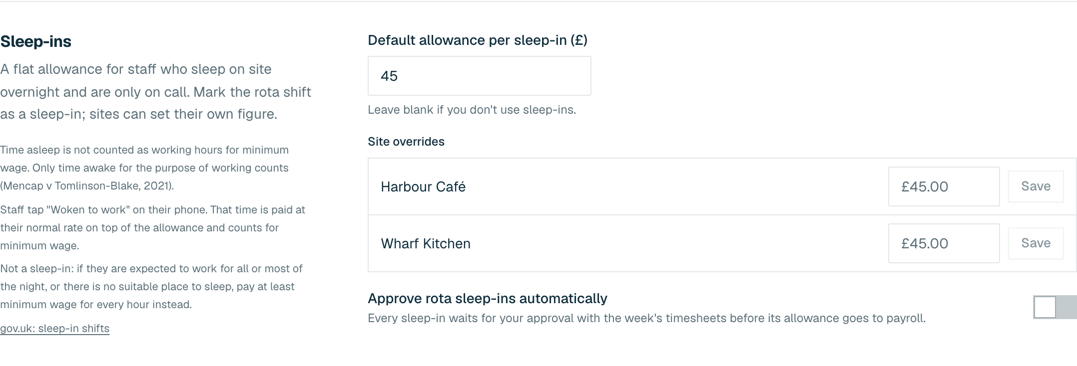The Sleep-ins section of Pay and overtime with a default allowance of 45 pounds, site overrides for two sites and the Approve rota sleep-ins automatically switch