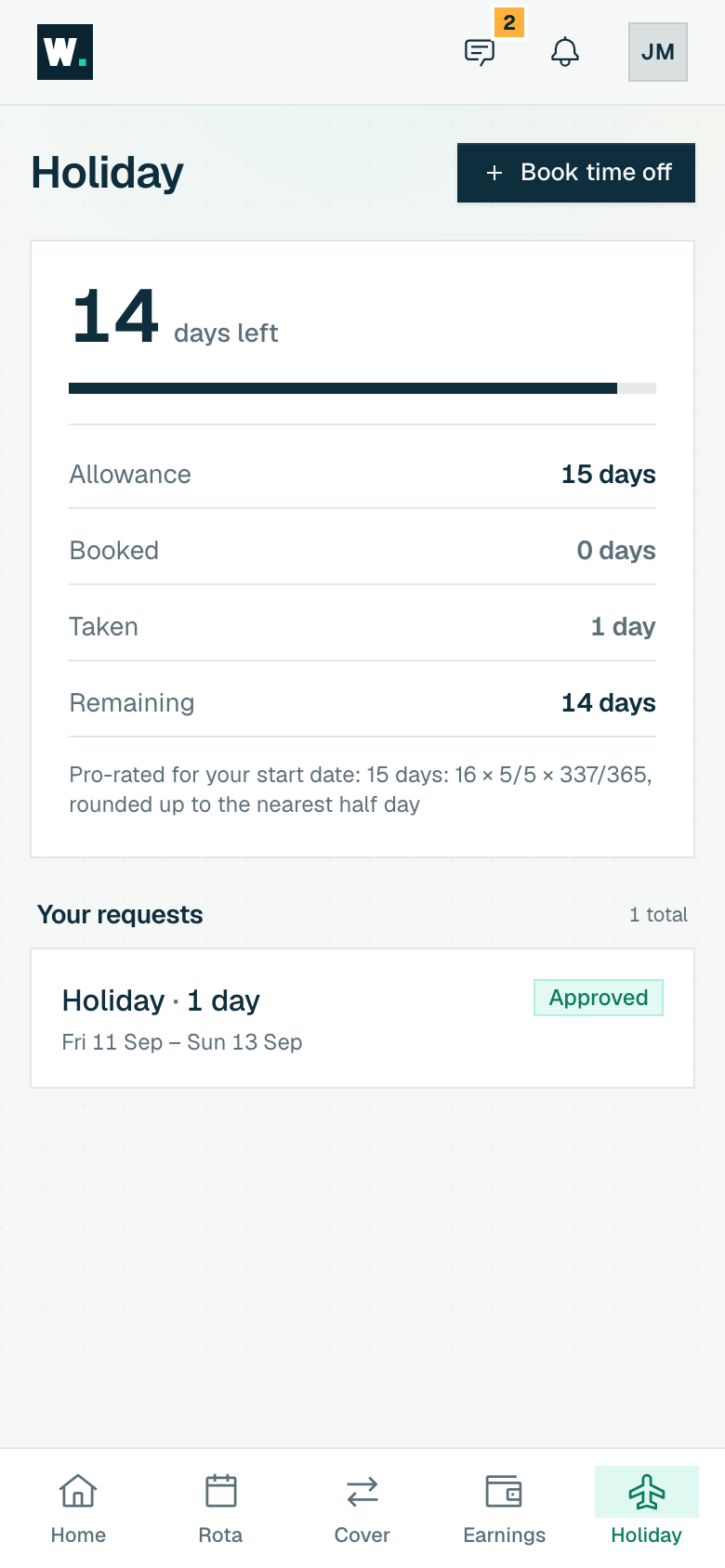 The staff app Holiday screen: days left, allowance, booked and taken, and request status