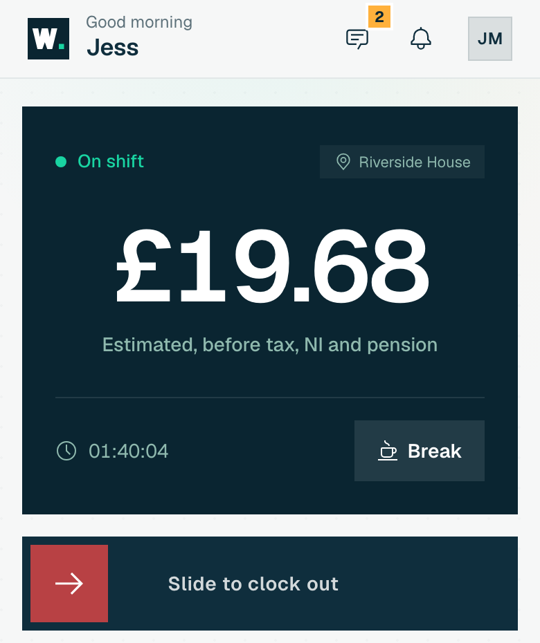 The staff app home screen on shift: earnings counting up, a Break button and the slide to clock out