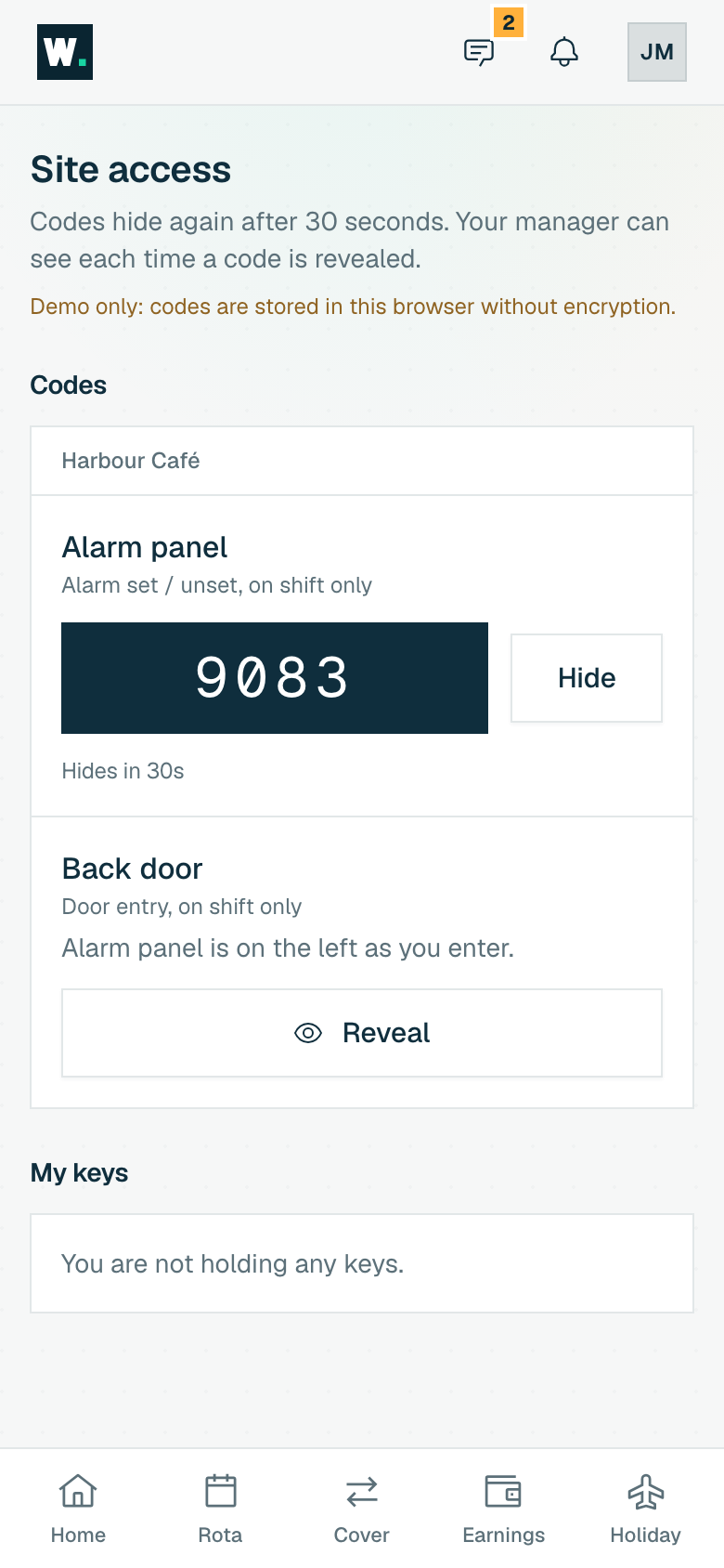 The staff app Site access screen with one code revealed, a Hide button, a second code with a Reveal button and a My keys section