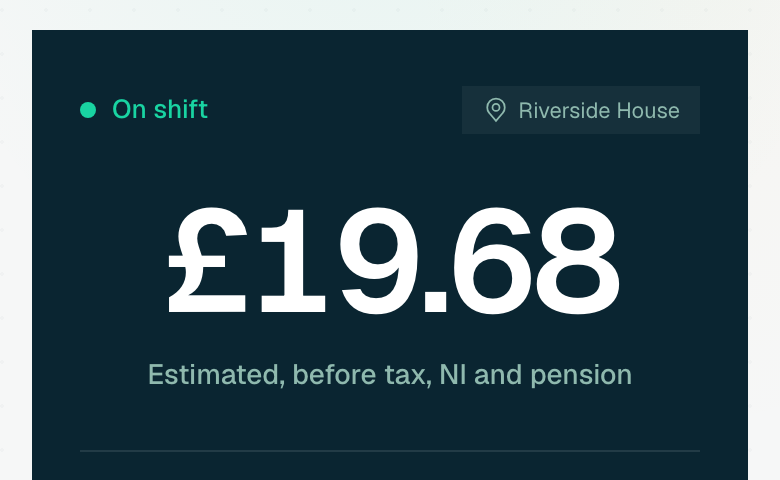 The staff app on shift: earnings counting, timer, Break, and slide to clock out