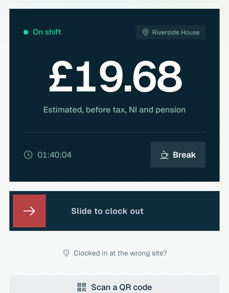 The staff app on shift: earnings counting, timer, Break, and slide to clock out