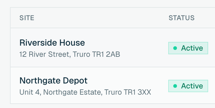 Locations in WagePilot: two sites with their geofence radius and clock-in methods (GPS, QR, kiosk)